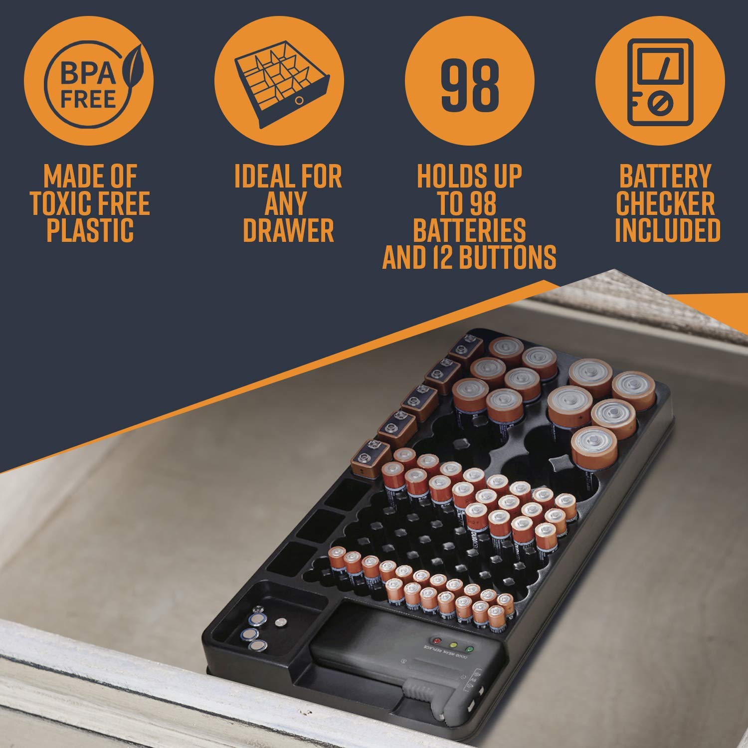 Battery Storage Organizer Holder with Tester